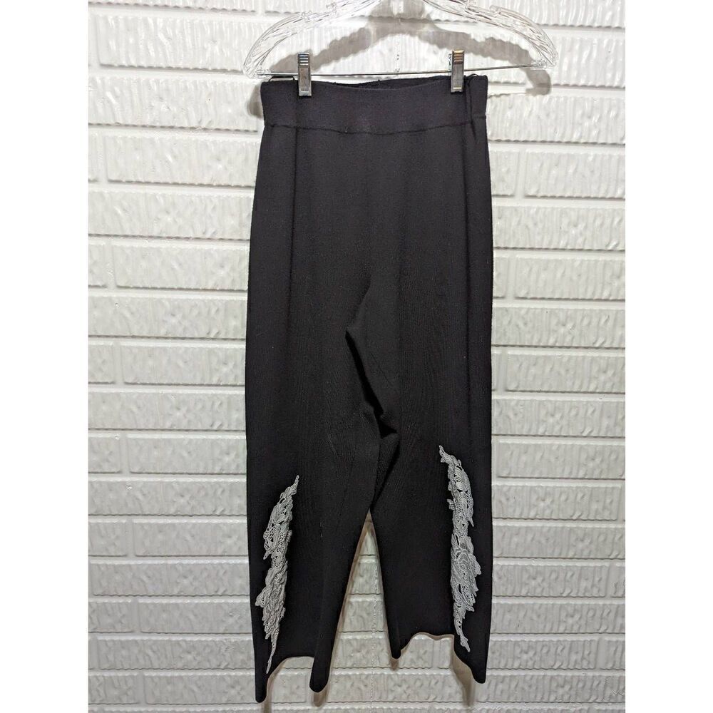 Anne Fontaine Women's Black Heavy Knit Lace Embellished Legs Pants Size 42